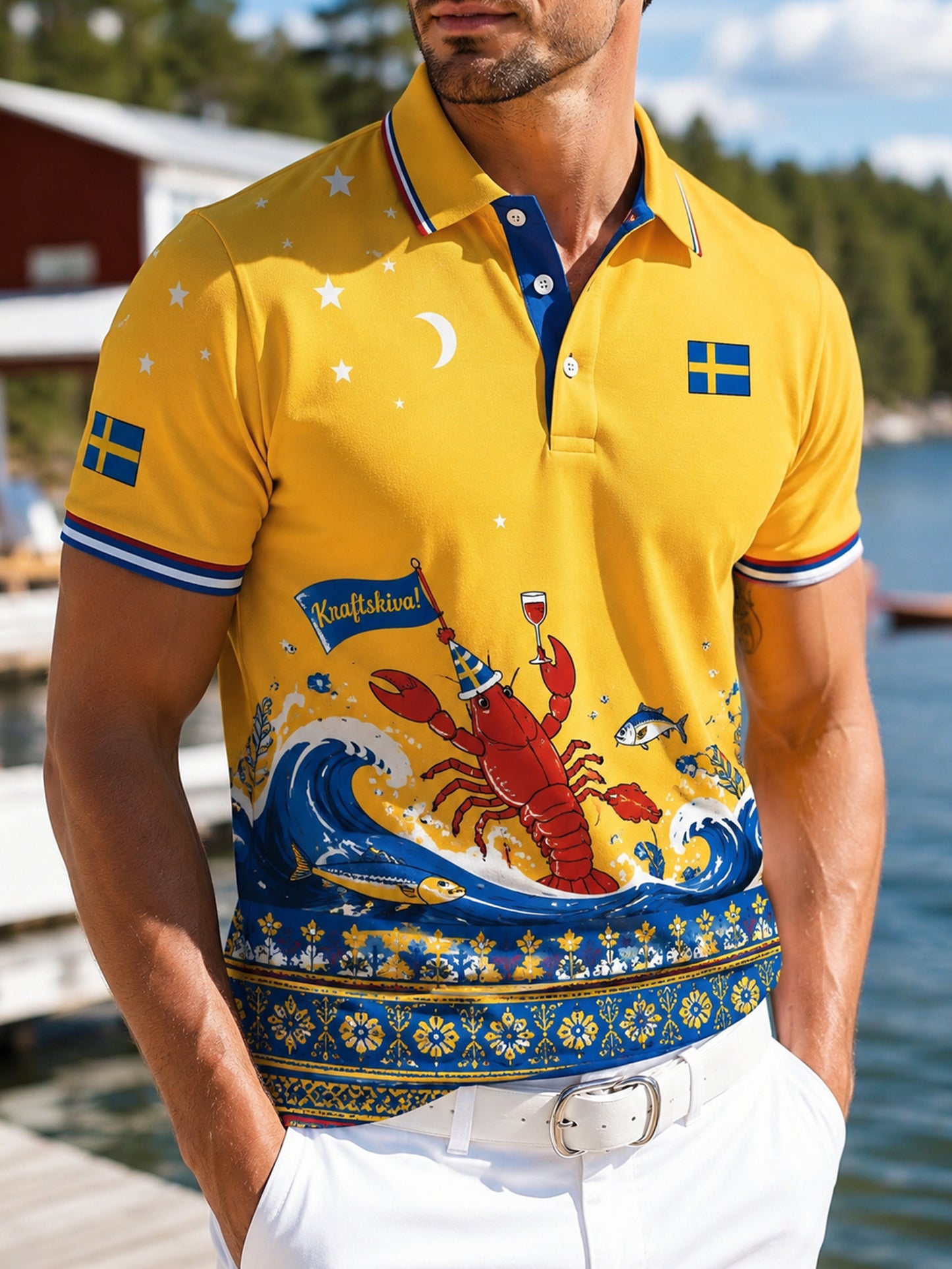 Herrpolotröja med konsttryck till minne av den svenska hummerfestivalen