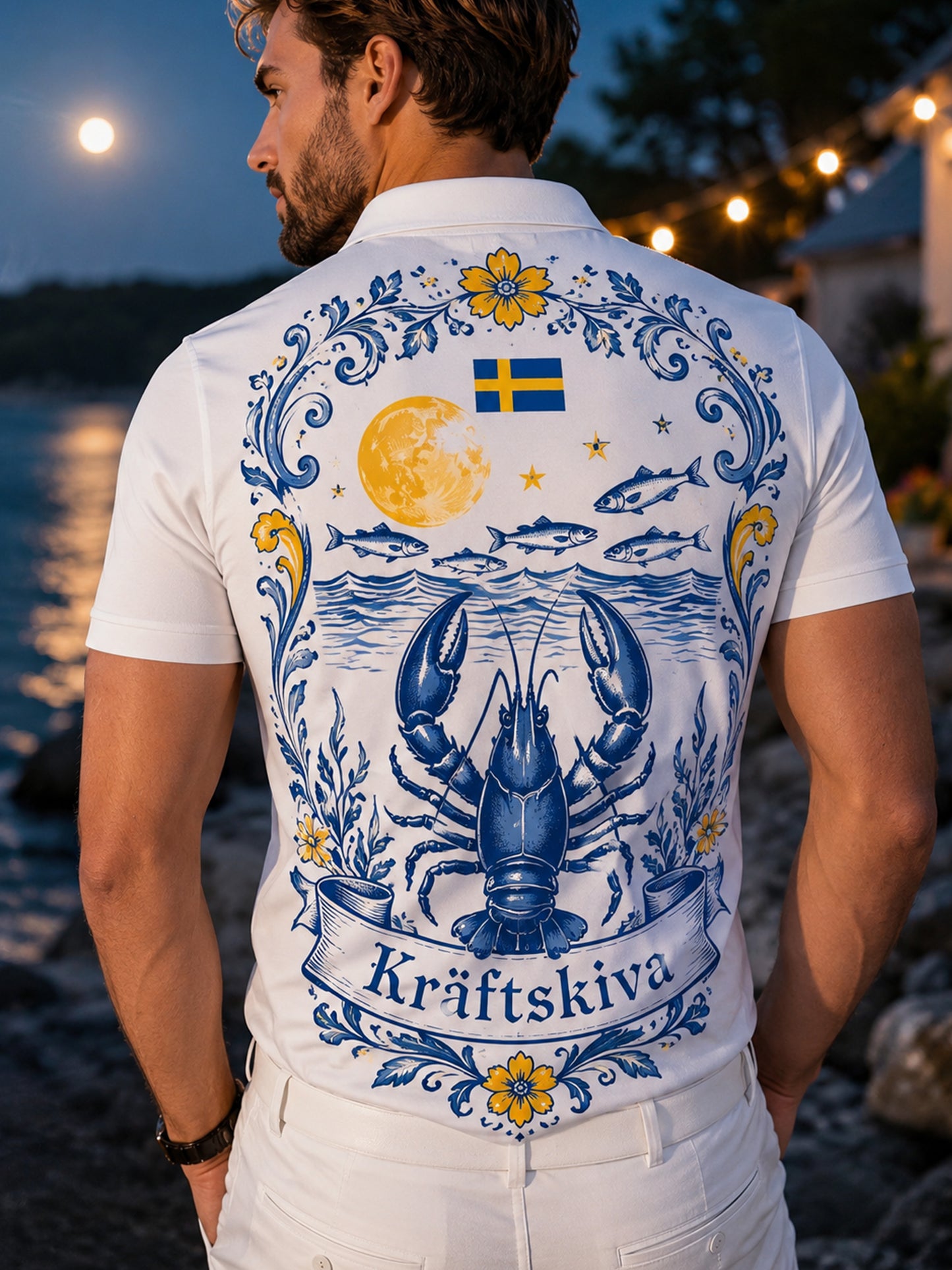 Herrpolotröja med konsttryck till minne av den svenska hummerfestivalen