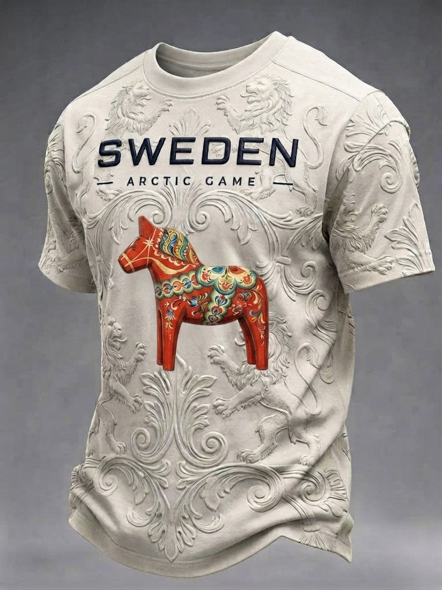 Herrtröja i retrostil med svensk fotbollsmotiv och korta ärmar