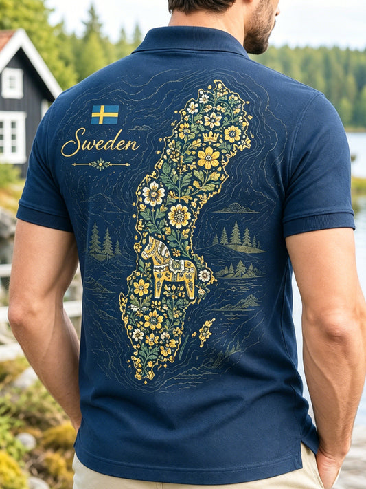 Herrpolotröja med minneskonsttryck med svenskt kartelement