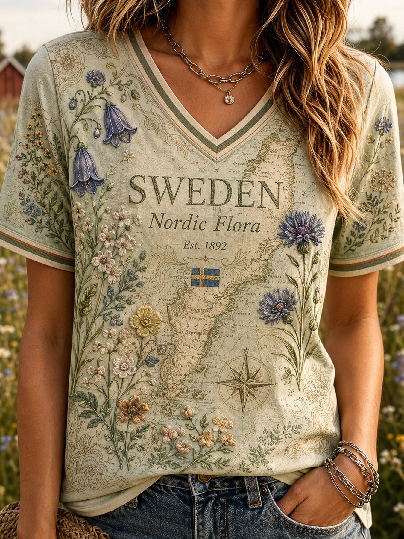 Retro svensk djurprint avslappnad t-shirt