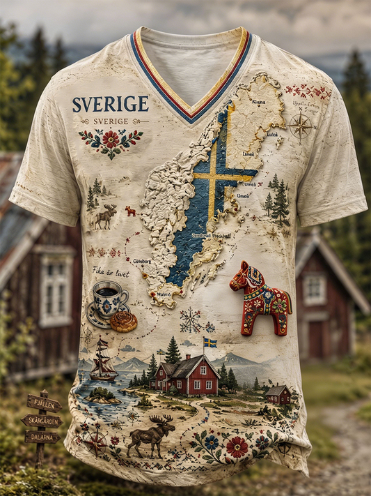 Herr T-shirt med djurkarta från Sverige och V-ringning