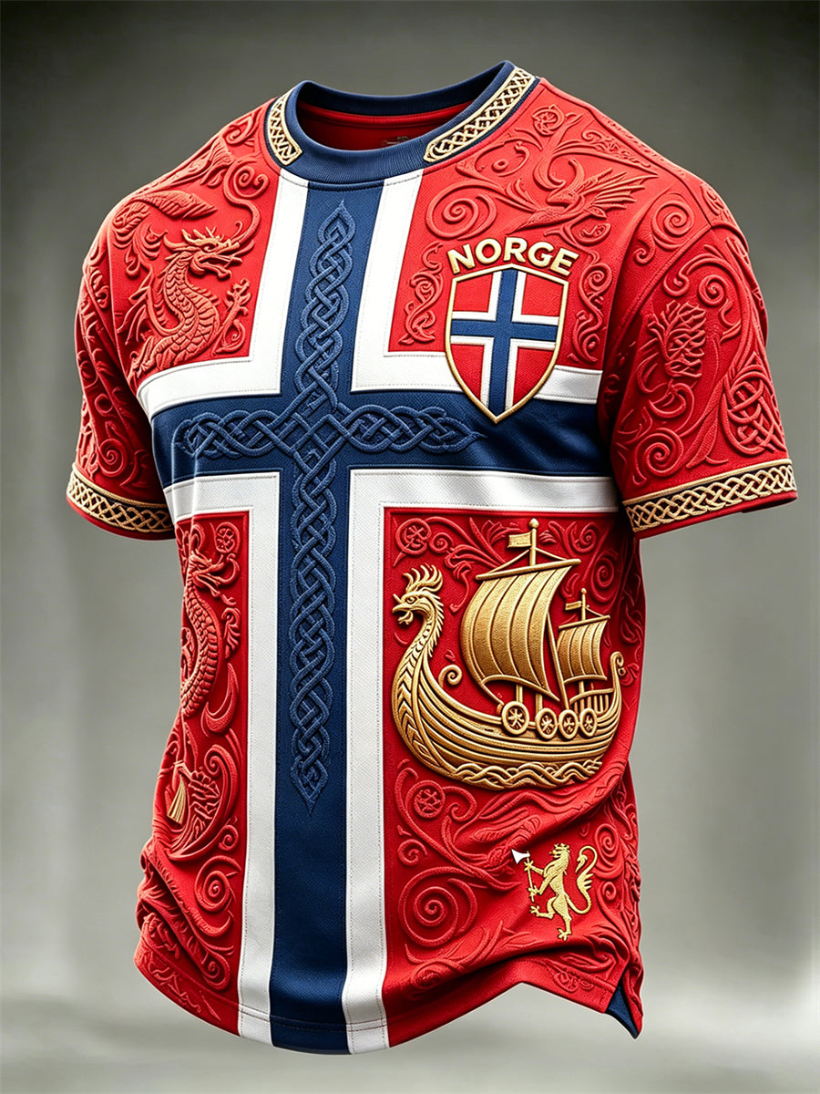 Menns Norge fotball Viking skip og drager Celtic Flag Fargeblock Skriv ut korte ermer t-skjorte