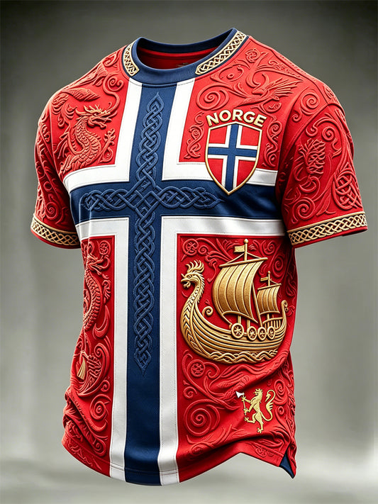 Menns Norge fotball Viking skip og drager Celtic Flag Fargeblock Skriv ut korte ermer t-skjorte