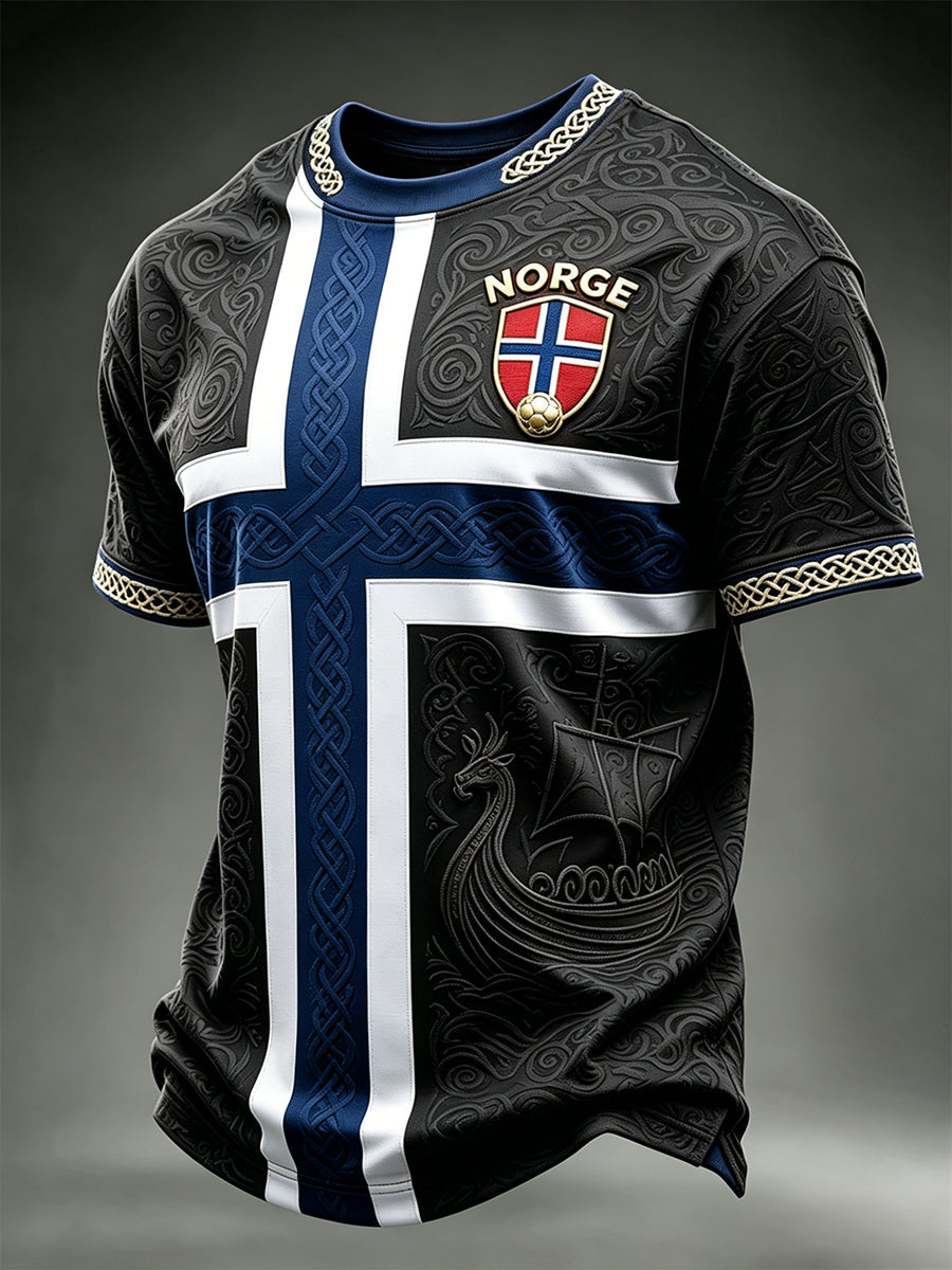 Herrens vikingeskip Norge Fotball og flagg Fargeblock Skriv ut korte ermer t-skjorte