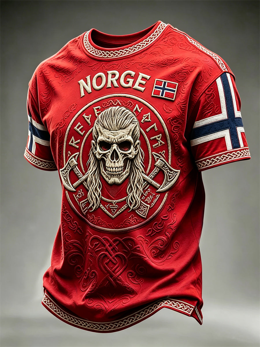 Herrer Norge vikinghodeskalle keltisk knute flaggtrykk t-skjorte med kort ermer