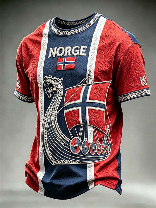 Herre-T-skjorte fra Norge med trykk av vikingskip, keltisk knute og flagg, kortermet