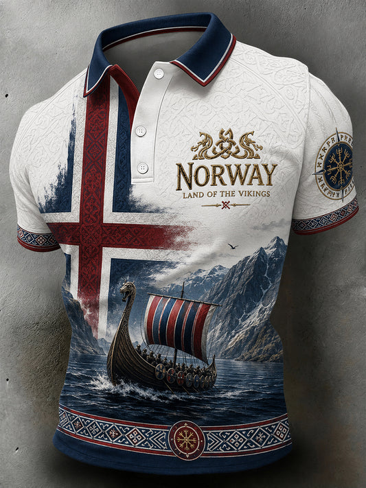 Retro nordisk vikingstil grafisk avslappet poloskjorte