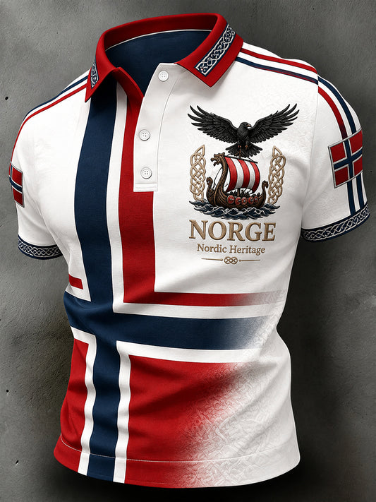 Retro nordisk vikingstil grafisk avslappet poloskjorte