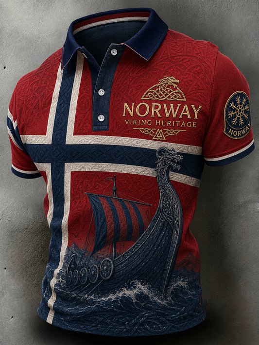 Retro nordisk vikingstil grafisk avslappet poloskjorte