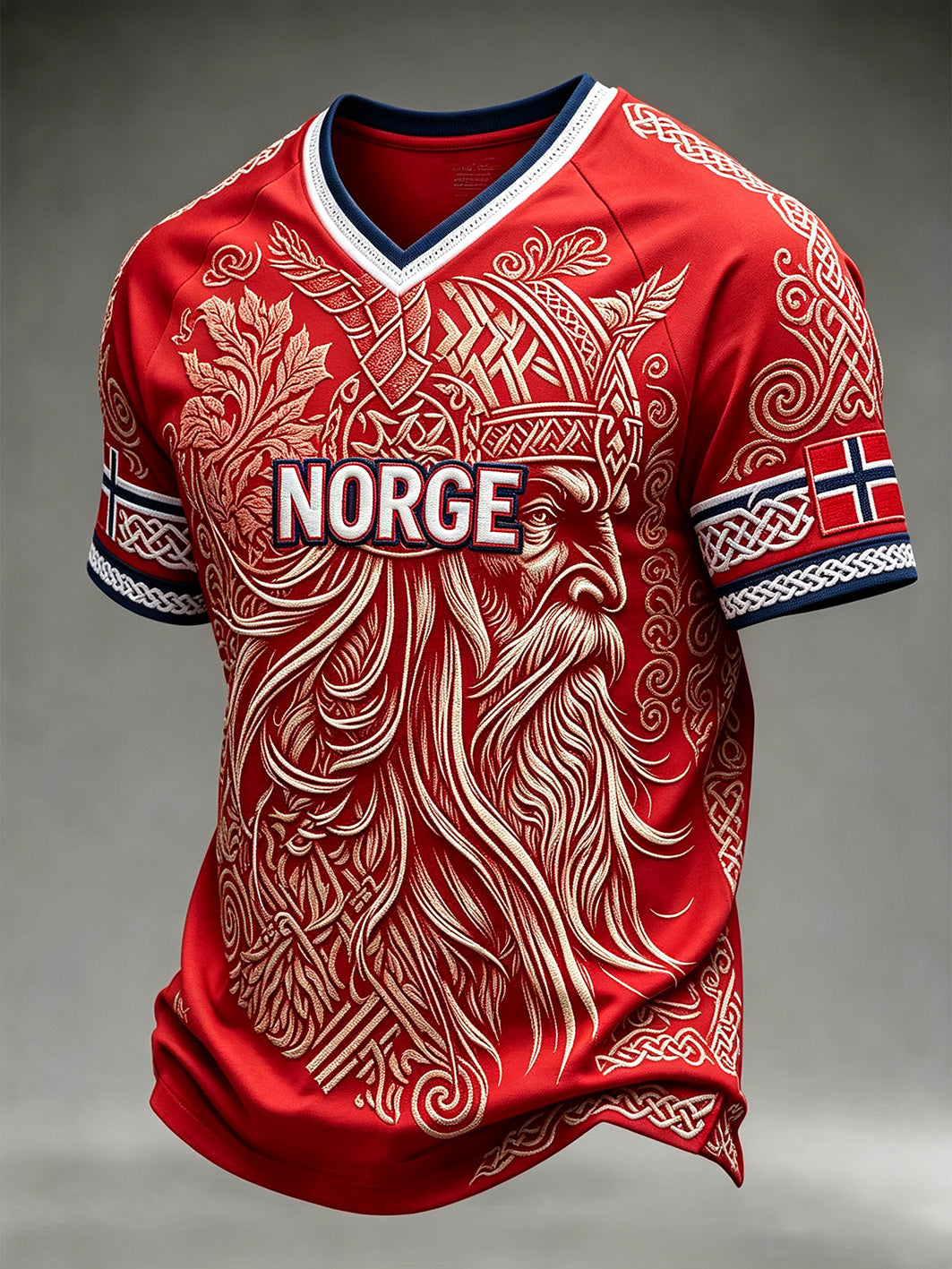 Herrerens retro vikingtrøye med norsk mønster og V-utringning