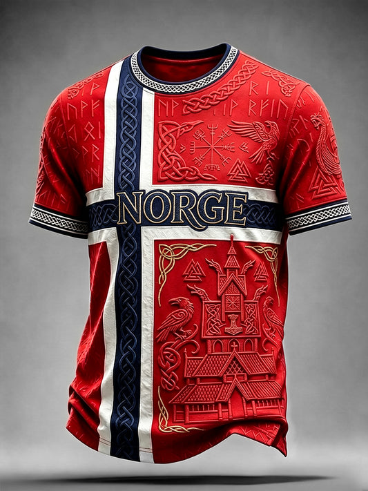 Menns Viking-inspirert mønster keltisk Norgesflagg-print t-skjorte med kortermete ermer