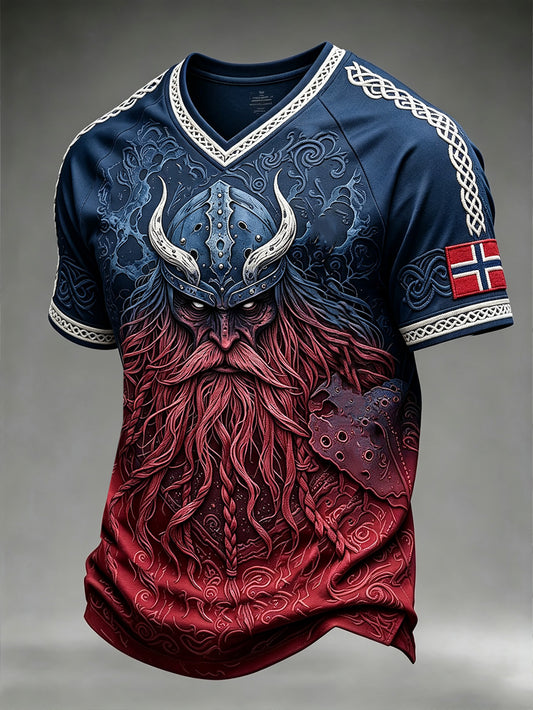 Herrerens retro vikingtrøye med norsk mønster og V-utringning