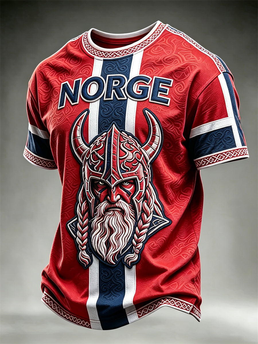 Herre-T-skjorte fra Norge med trykk av vikingkriger og keltisk knute, kortermet