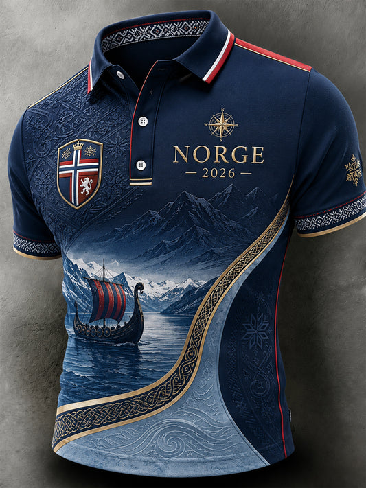 Retro norsk poloskjorte i vikingstil, avslappet stil