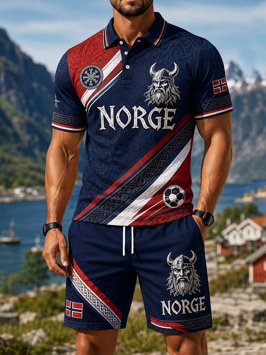 Retro norsk vikingkriger-inspirert poloskjorte- og shortssett