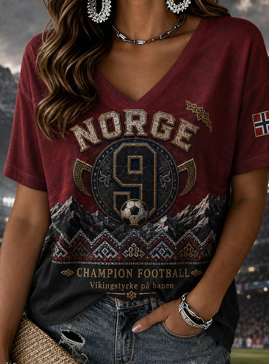Kvinners kunsttrykk-T-skjorte med norsk vikingtema