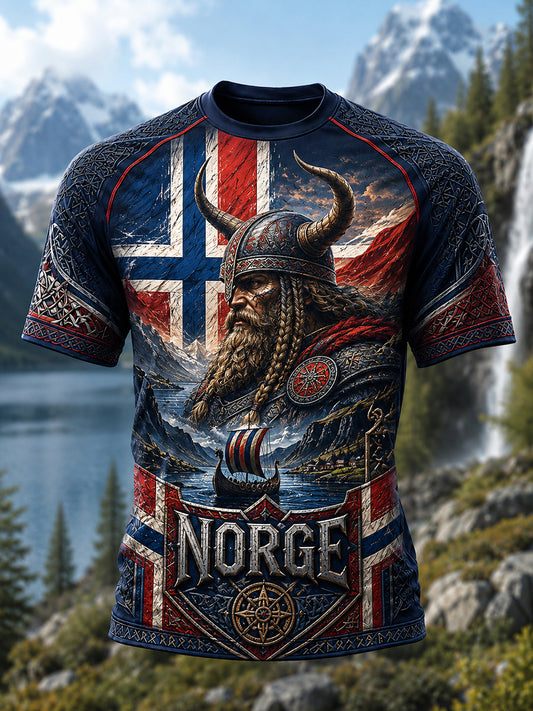 Retro norsk vikingkriger-lappeteppe avslappet t-skjorte