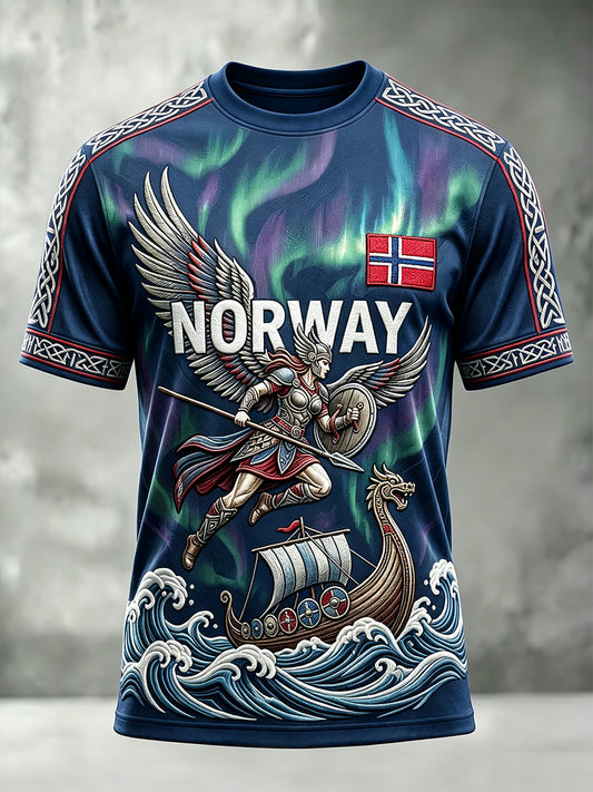 Herrer Norge viking-inspirert mønster nordlys-print t-skjorte med korte ermer