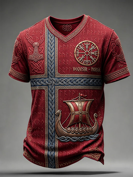 Vintage herre-T-skjorte fra Norge med viking-inspirert mønster og keltisk trykk, med V-utringning