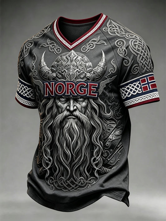 Herrerens retro vikingtrøye med norsk mønster og V-utringning