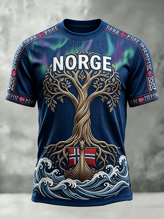 Herre-Viking Livets Tre-kunst Norgesflagg-print T-skjorte med korte ermer