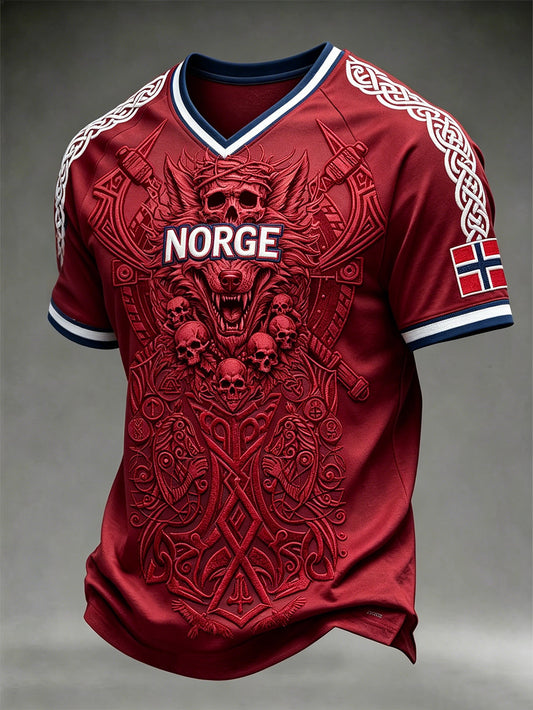 Herrerens retro vikingtrøye med norsk mønster og V-utringning