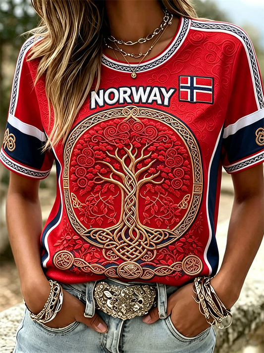 Damelag Norway viking Livets tre keltisk knute flaggtrykk t-skjorte med kort ermer
