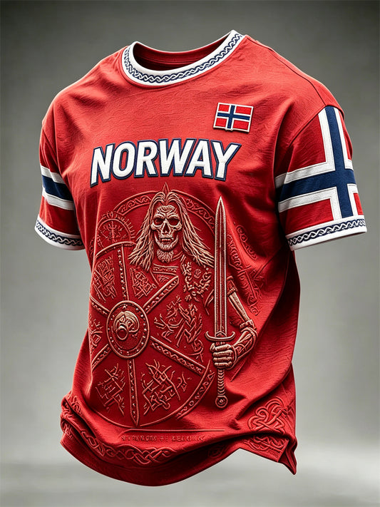 Herre-T-skjorte fra Norge med trykk av vikingkriger og keltisk knute, kortermet