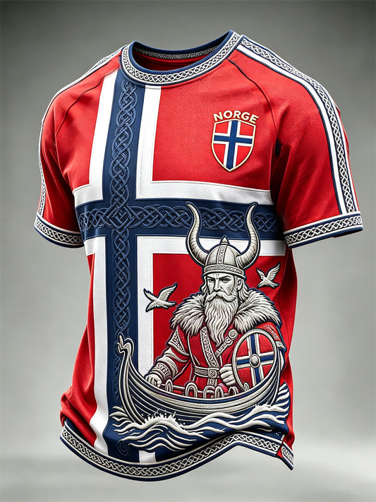 Herrer Norge vikingkriger og skip keltisk knute flagg trykk t-skjorte med kort ermer