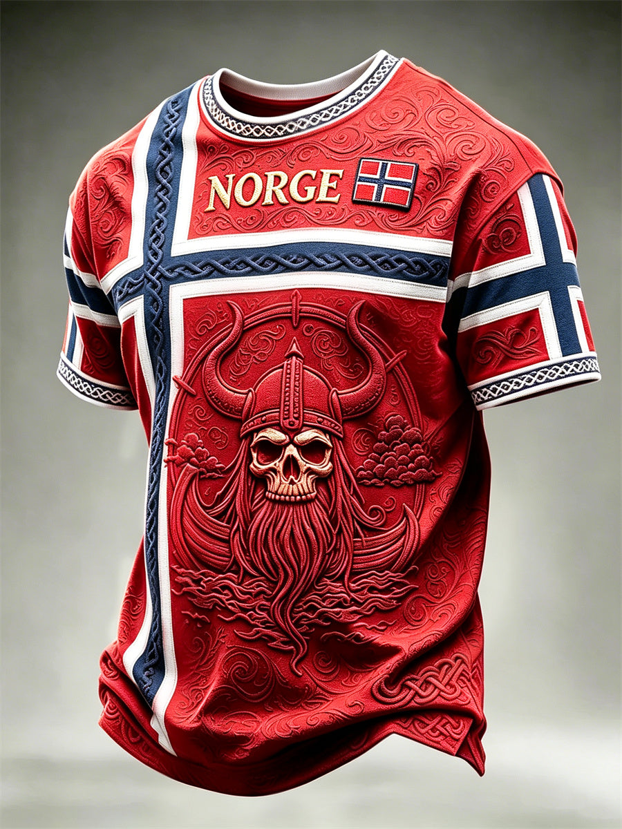 Herrer Norge vikingskalle kriger og skip keltisk knute flagg trykk t-skjorte med kort ermer