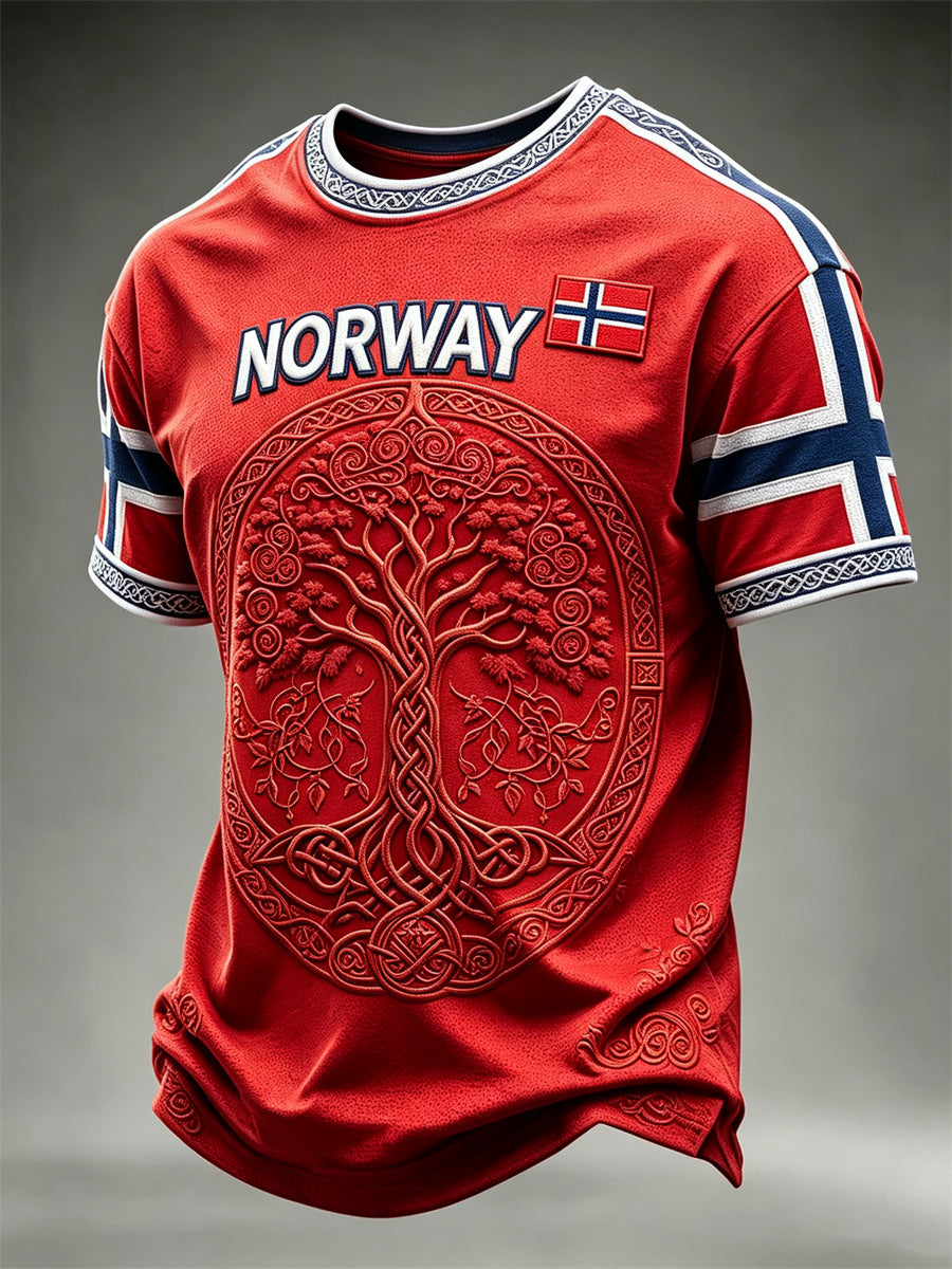 Herre-T-skjorte fra Norge med vikingmotiv, Livets tre og keltisk knute, trykket flagg og kortermet design