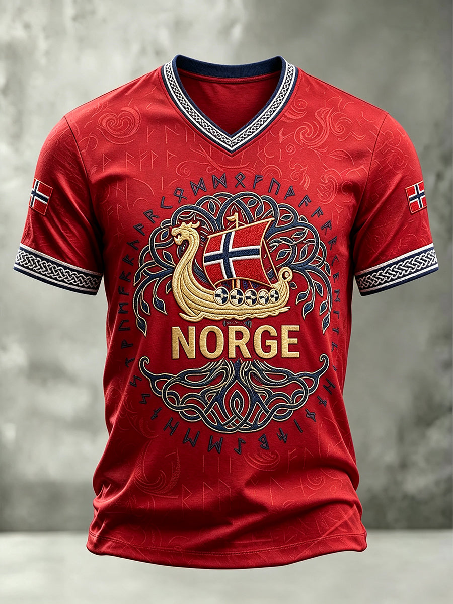 Herrer Norge Vikingskip Rune Kunst Flaggetrykk T-skjorte med V-utfelling