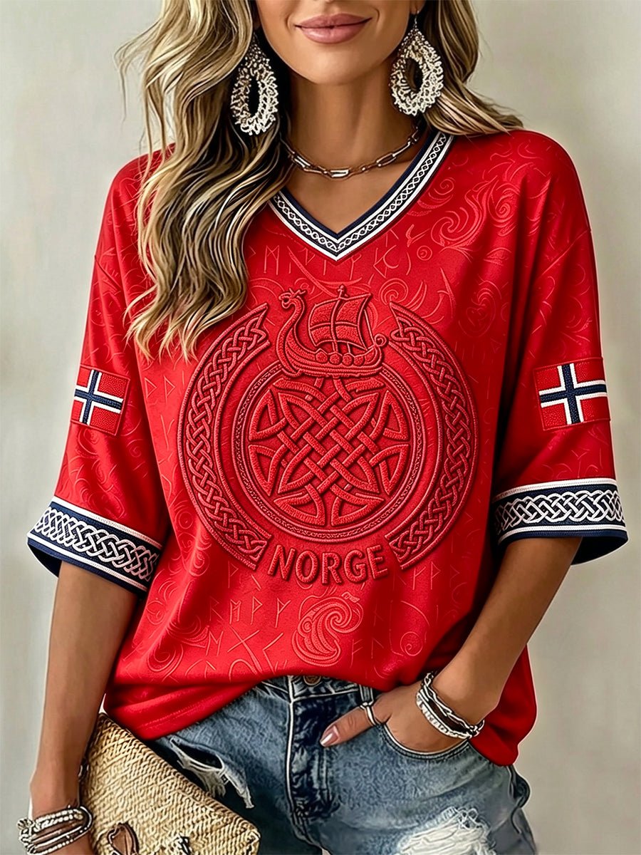 Kvinner Norge Viking Keltisk Kunst Flaggetrykk Midtlange ermer V-utringning T-skjorte