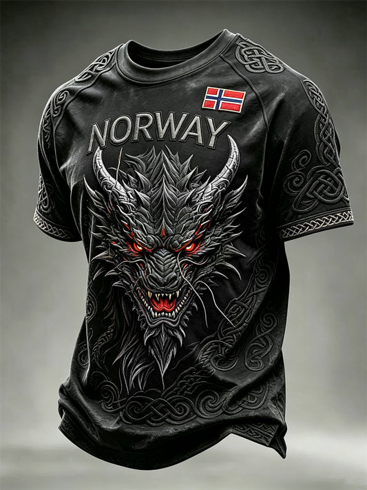 Herre-T-skjorte fra Norge med trykk av vikingdrage og keltisk knute, kortermet