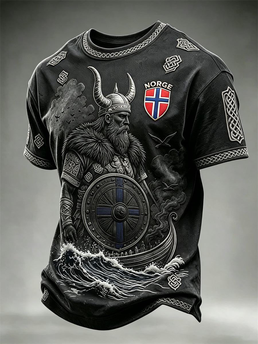 Herrer Norge vikingkriger og skip keltisk knute flagg trykk t-skjorte med kort ermer