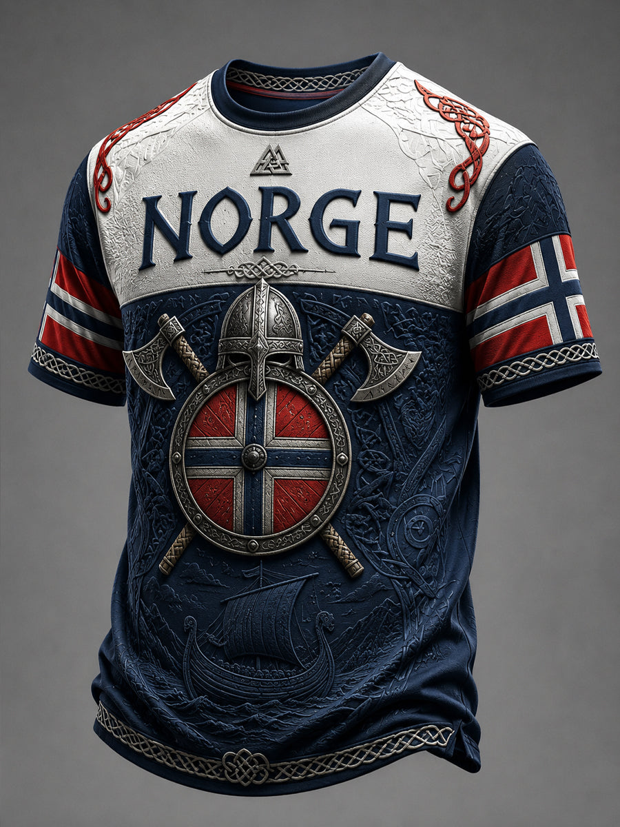 Retro norsk vikingskjold og kampøks avslappet t-skjorte