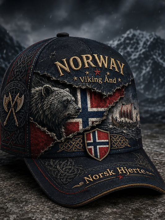 Unisex norsk vikingmotiv med patriotisk minnepreget kunsttrykk på lue