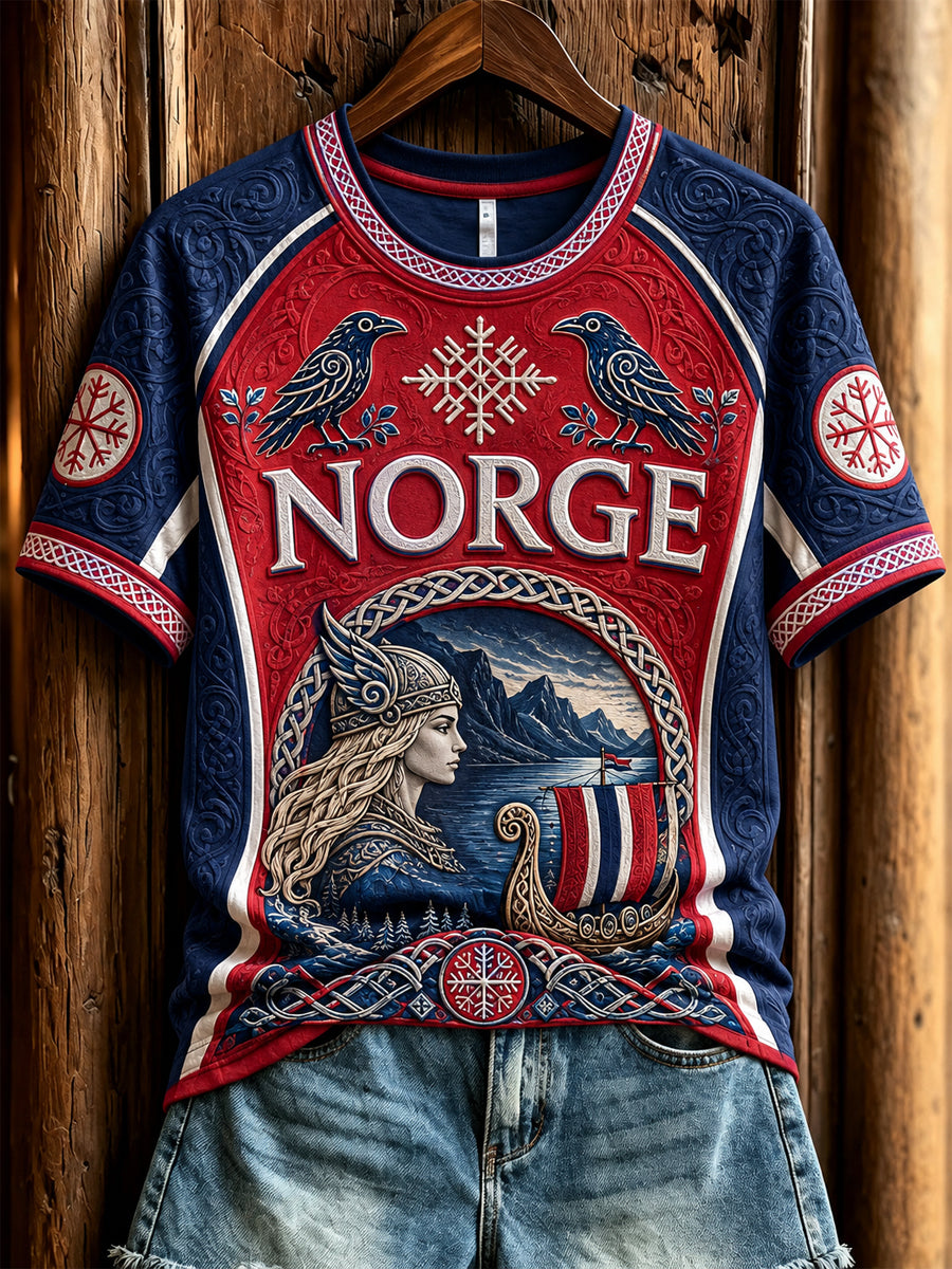 Kvinners retro norske viking-keltiske ravnekjempe-T-skjorte