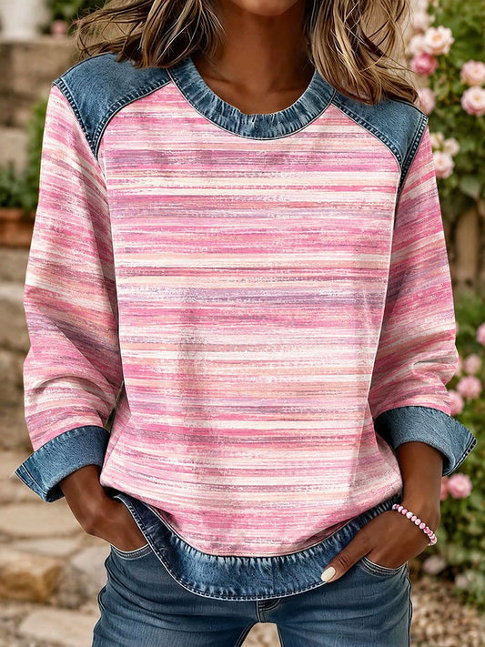 Women's Striped Print Denim Patchwork Top