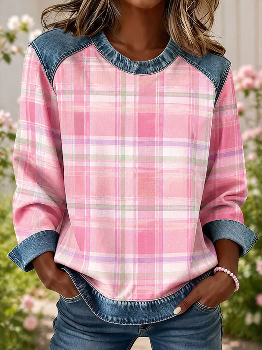 Women's Plaid Print Denim Patchwork Top