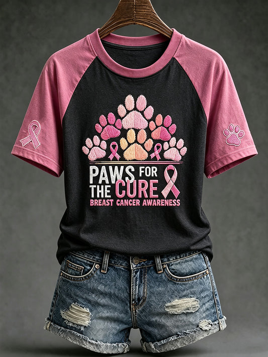 Women's breast cancer theme Paws For The Cure slogan cute dog print casual short-sleeve T-shirt