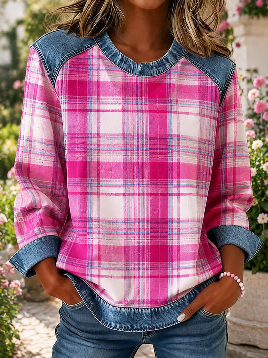 Women's Plaid Print Denim Patchwork Top