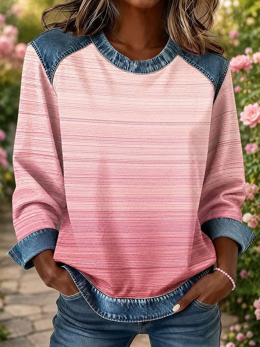 Women's Striped Print Denim Patchwork Top