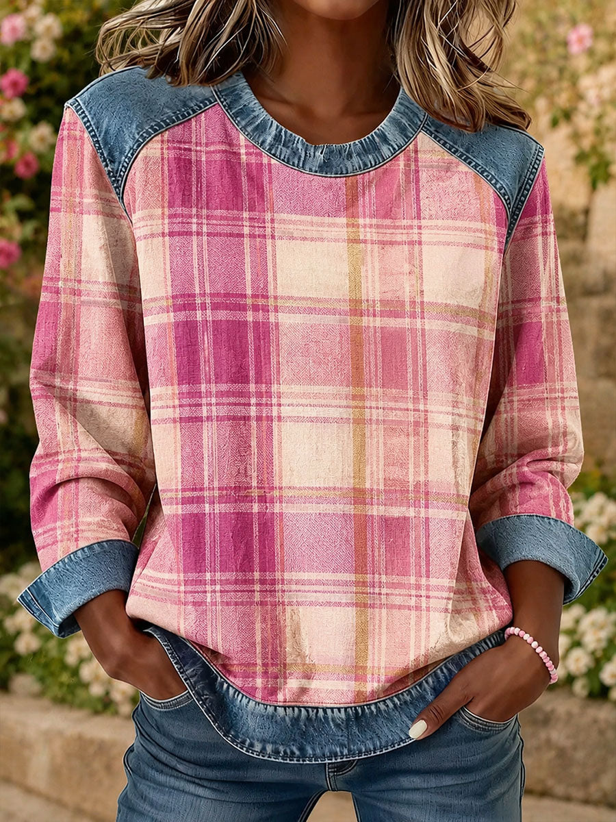 Women's Plaid Print Denim Patchwork Top