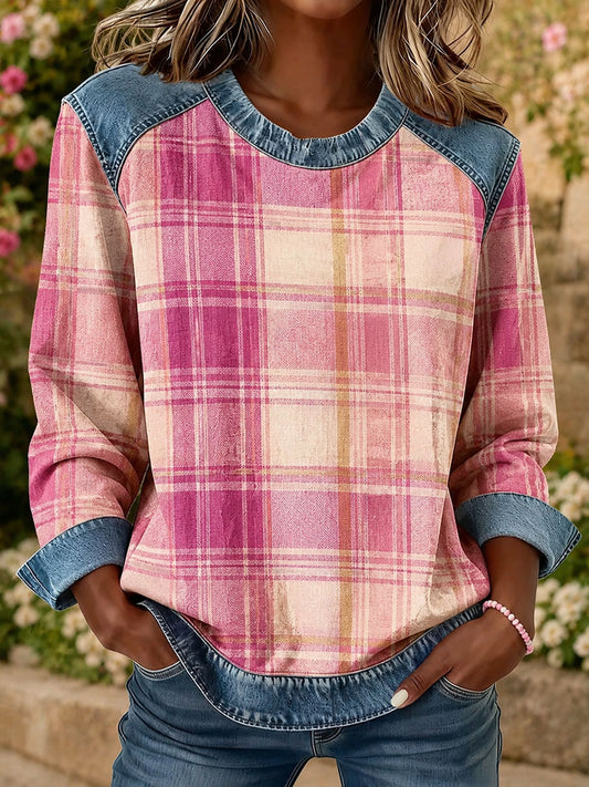Women's Plaid Print Denim Patchwork Top