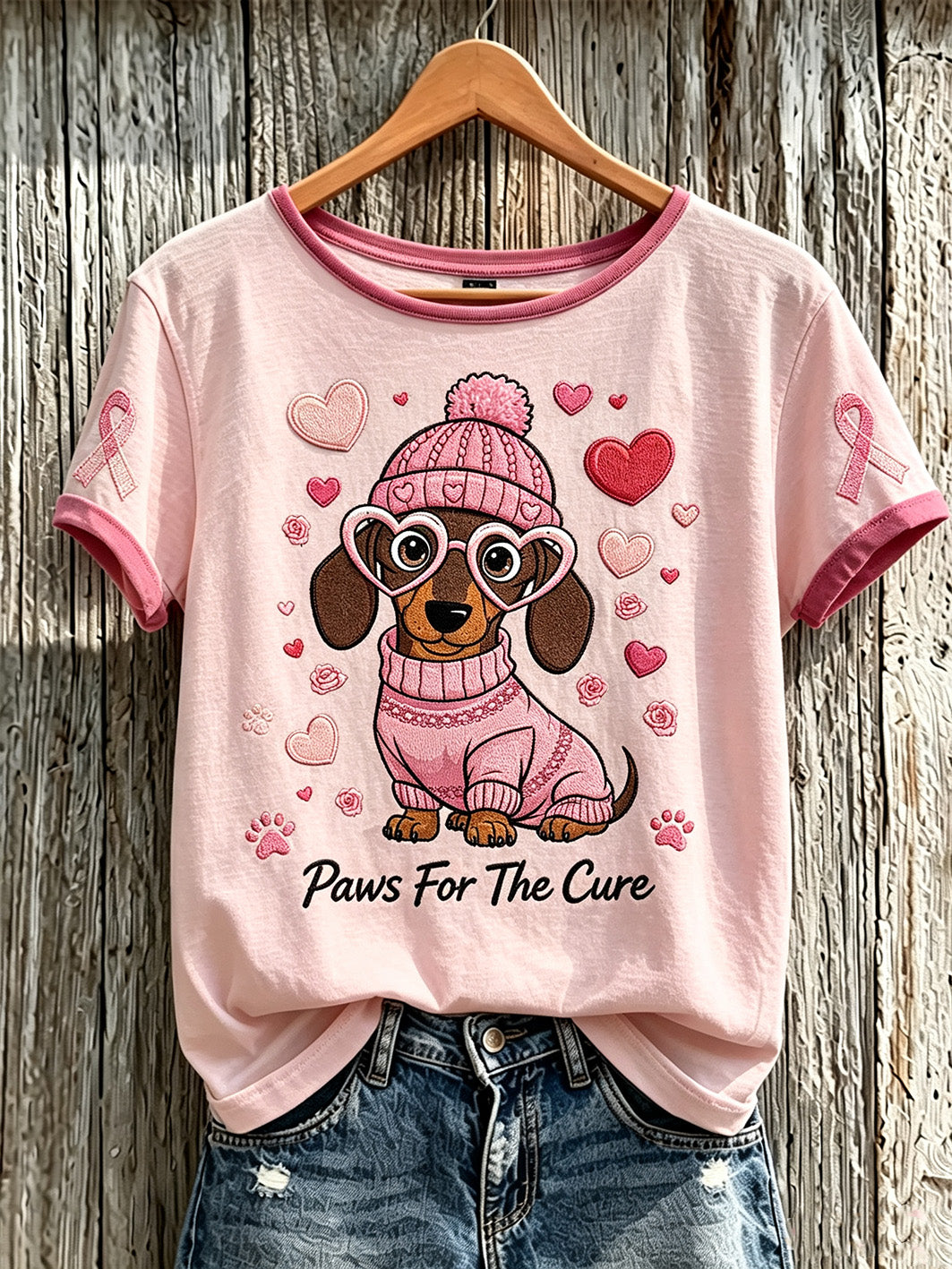 Women's breast cancer theme cute dog print casual short-sleeve T-shirt