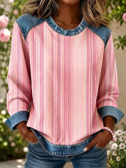 Women's Striped Print Denim Patchwork Top