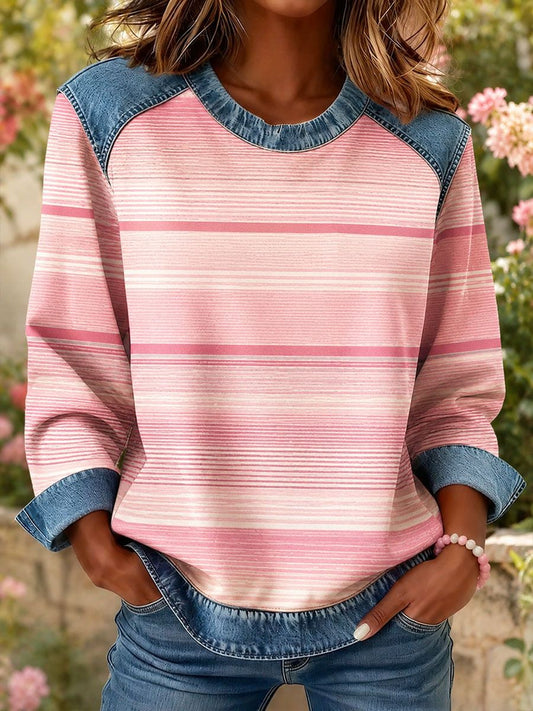 Women's Striped Print Denim Patchwork Top