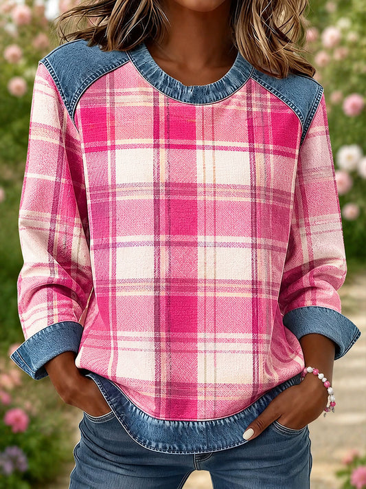 Women's Plaid Print Denim Patchwork Top